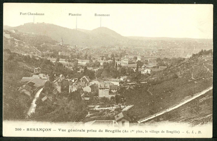 Vue générale prise de Bregille, au premier plan le village de Bregille