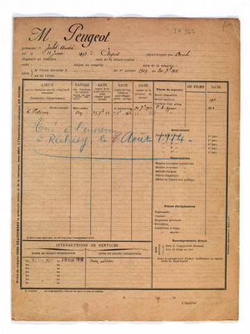 Dossier numérisé du caporal Jules Peugeot