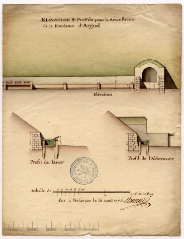Plan d'élévation et profils pour la reconstruction de la fontaine