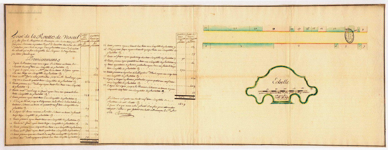 Plan d'une portion de la route de Besançon à Vesoul, pour l'implantation d'arbres