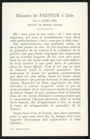 Discours de Pasteur à Dole devant sa maison natale