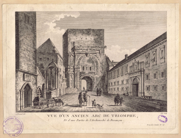 Vue d'un arc de triomphe et d'une partie de l'archevêché de Besançon (Porte Noire)