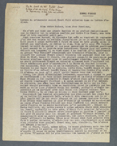 Extrait - Lettre d'un ami d'Henri Fertet à ses parents
