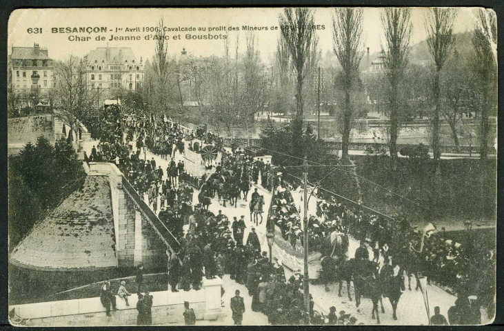Cavalcade au profit des mineurs de Courvières, char de Jeanne d'Arc et bousbots, 1er avril 1906