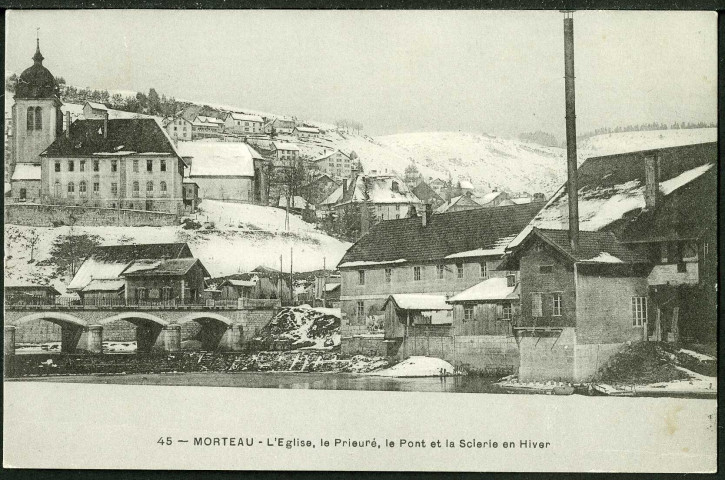 L'église et le prieuré, le pont et la scierie en hiver
