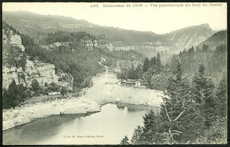 Vue panoramique du Saut du Doubs pendant la sécheresse de 1906