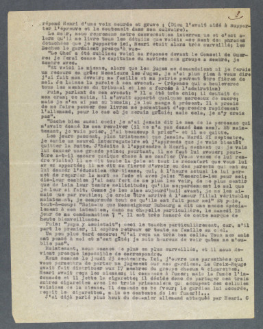Extrait - Lettre d'un ami d'Henri Fertet à ses parents