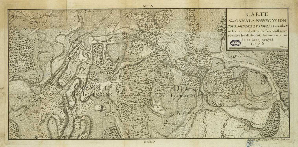 Carte d'un canal de navigation pour joindre le Doubs à la Saône