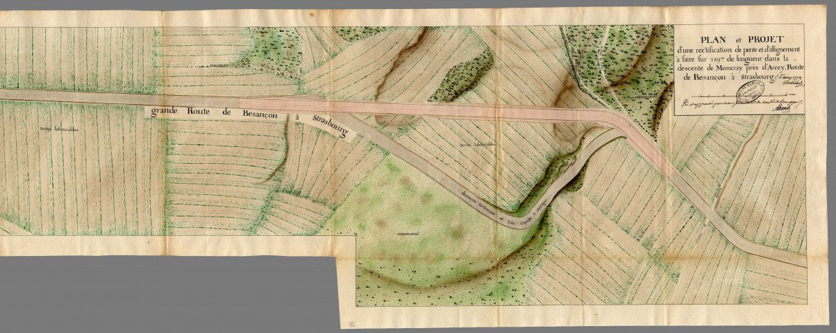 Plan et projet d'une rectification de pente et d'alignement dans la descente de Memcray, près d'Arcey, route de Besançon