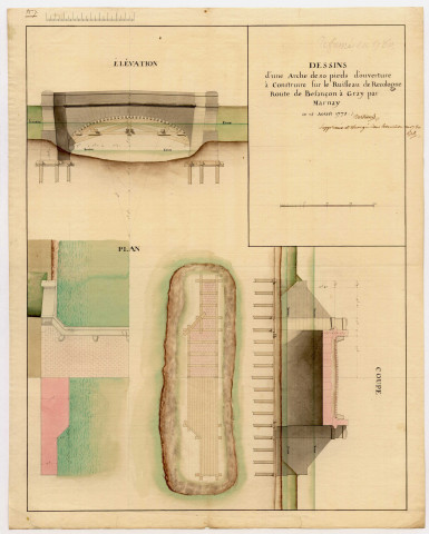 Nouvelle route de poste allant de Besançon à Gray en passant par Marnay, dessin d'une arche à construire sur le ruisseau de Recologne.
