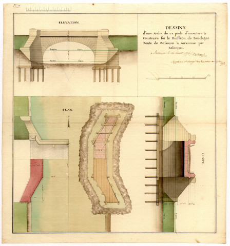 Nouvelle route de poste allant de Besançon à Gray en passant par Marnay,dessin d'une arche à construire sur le ruisseau de Recologne, route de Besançon à Auxonne par Balançon.