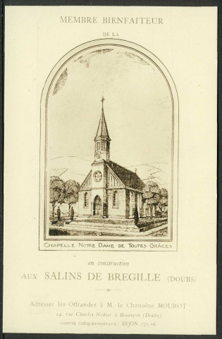 Carte de membre bienfaiteur de la chapelle Notre-Dame de toutes grâces en construction aux salins
