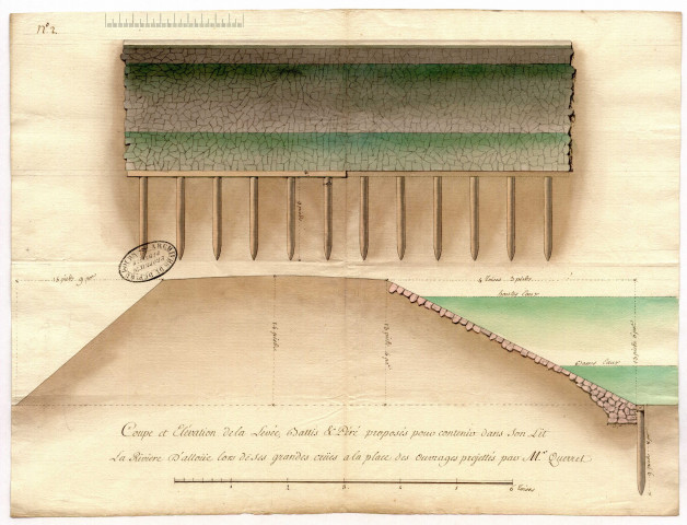 Coupe et élévation de la digue à construire sur la Loue