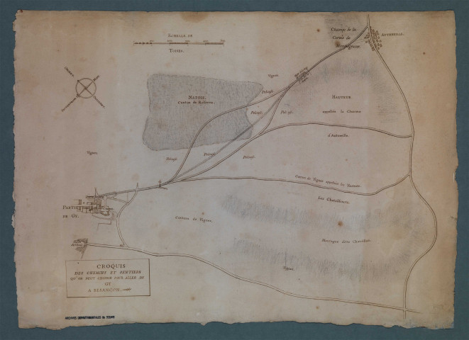 Croquis des chemins et sentiers entre Gy et Besançon