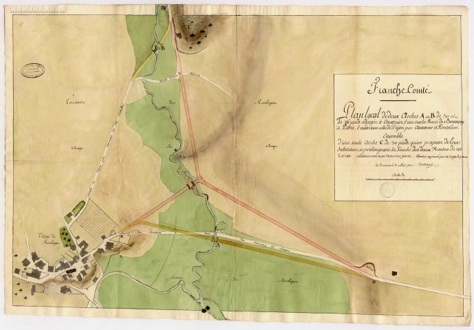 Nouvelle route de poste allant de Besançon à Gray en passant par Marnay, plan local de deux arches àconstruire d'une sur la route de Besançon à Paris, l'autre sur celle de Dijon par Auxonne et Pontarlier.