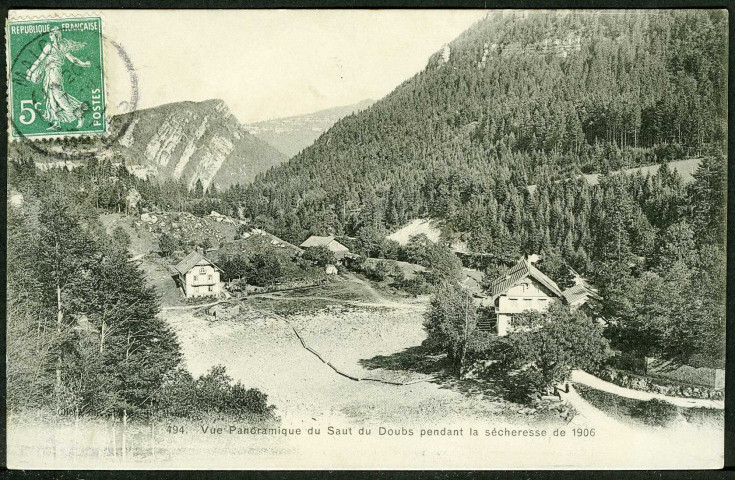 Vue panoramique du Saut du Doubs pendant la sécheresse de 1906