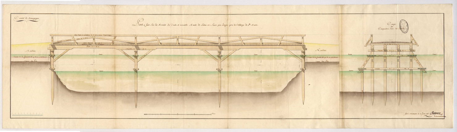 Pont à faire sur la rivière de routes et nouvelle route de Salins en Suisse par Jougne près de l'abbaye de Sainte-Marie