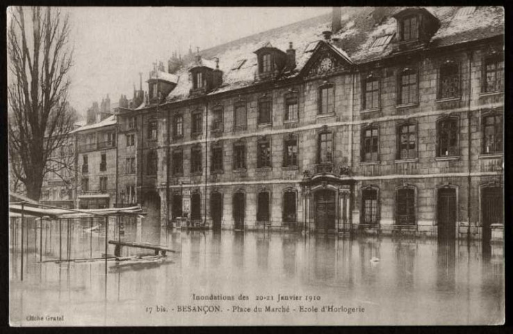 Place du marché, école d'horlogerie, inondations 1910