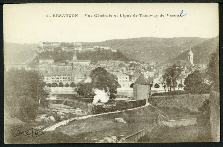 Vue générale de Besançon et de la ligne de tramways de Vesoul, vue prise du bastion de Battant