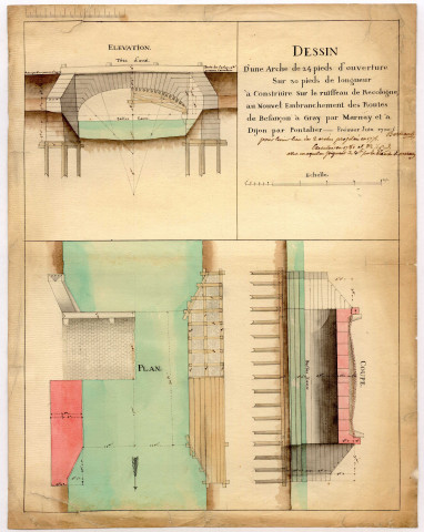 Nouvelle route de poste allant de Besançon à Gray en passant par Marnay, dessin d'une arche à construire sur le ruisseau de Recologne.