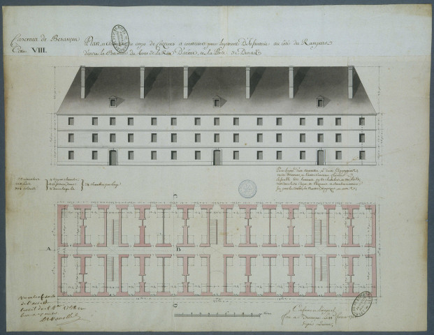 Plan d'élévation et coupe d'un étage de l'édifice à construire