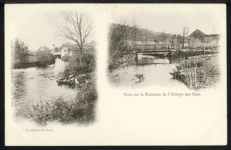 Le moulin, pont sur le ruisseau et abbaye des Rois