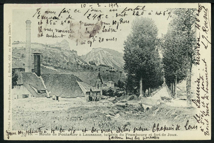 Route de Pontarlier à Lausanne, tuilerie du Frambourg et fort de Joux