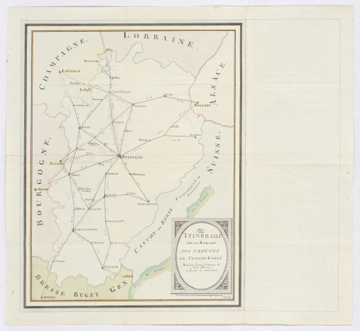 Carte itinéraire de la marche des troupes en Franche-Comté avec les lieux d'étapes et leurs distances