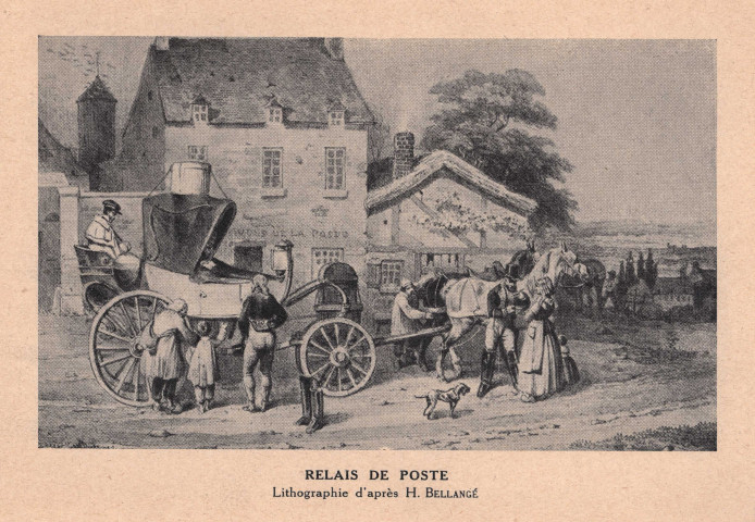 Lithographies : "Départ de la diligence" de Xavier Leprince et "Relai de poste" par H. Bellangé