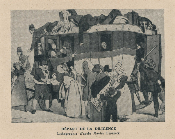 Lithographies : "Départ de la diligence" de Xavier Leprince et "Relai de poste" par H. Bellangé